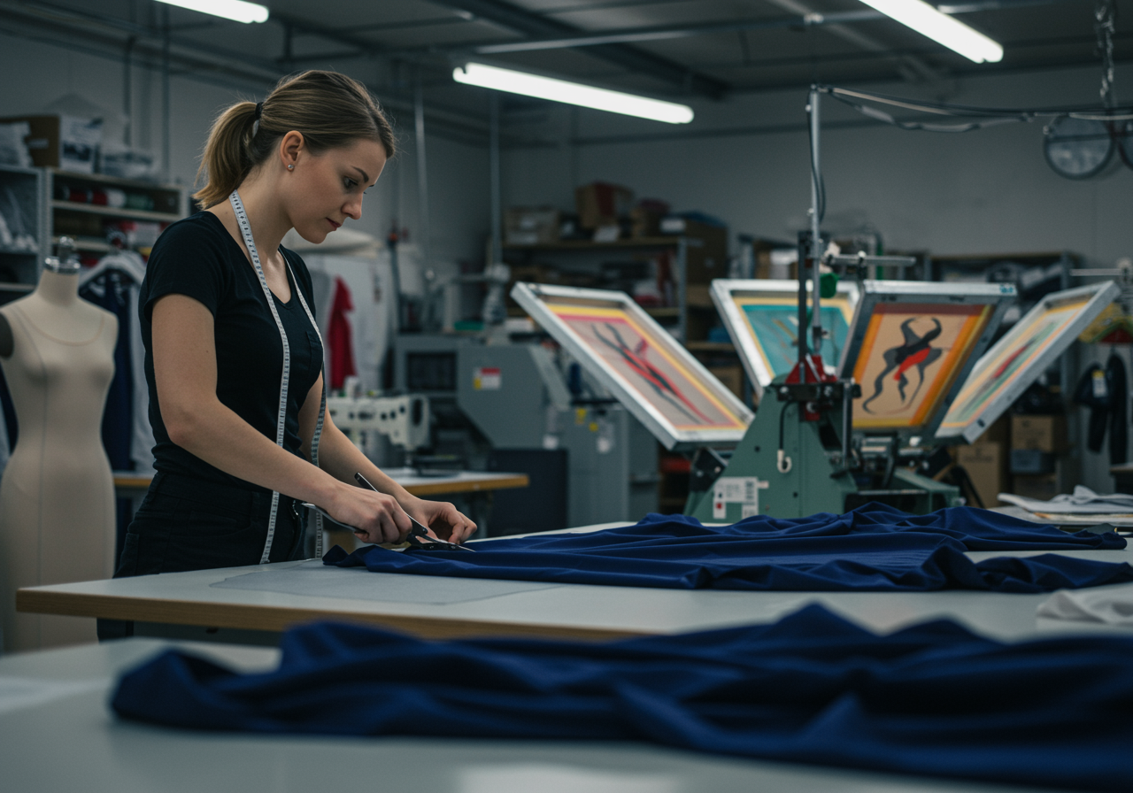 "Costurera profesional en BECA INDUSTRIAL SCA midiendo y cortando lycra de alta calidad para leotardos de gimnasia, con un taller textil moderno y una estación de serigrafía colorida al fondo."