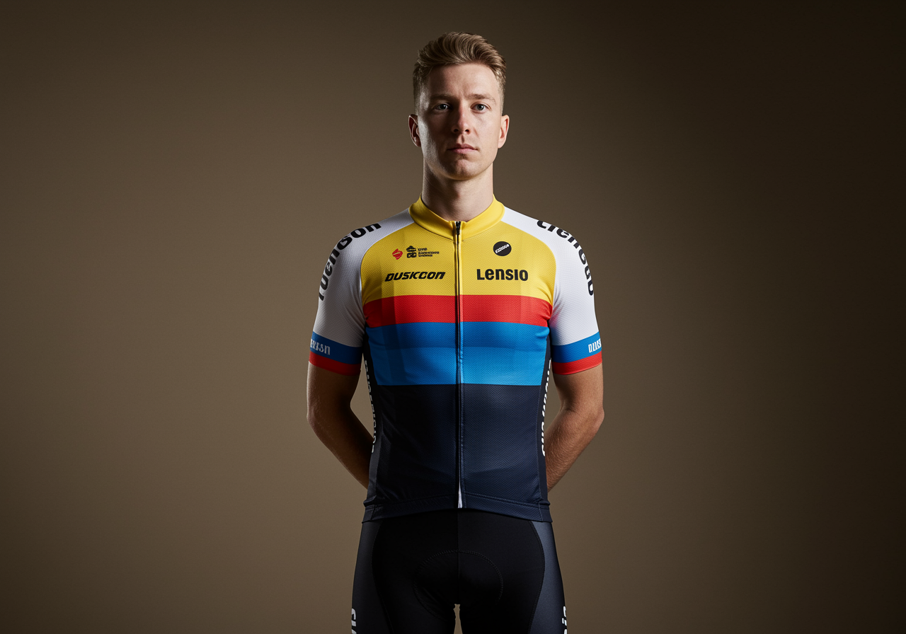 "Ciclista profesional posando con un maillot de ciclismo personalizado en colores vibrantes, destacando la calidad del tejido transpirable y el ajuste a medida en un fondo neutro."