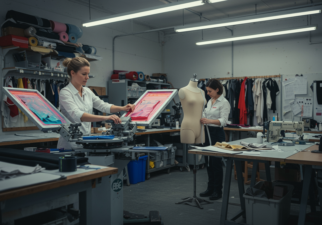 "Artesana en taller de indumentaria deportiva aplicando serigrafía a un leotardo de gimnasia, con un diseñador tomando medidas, en un entorno profesional iluminado por luz natural."