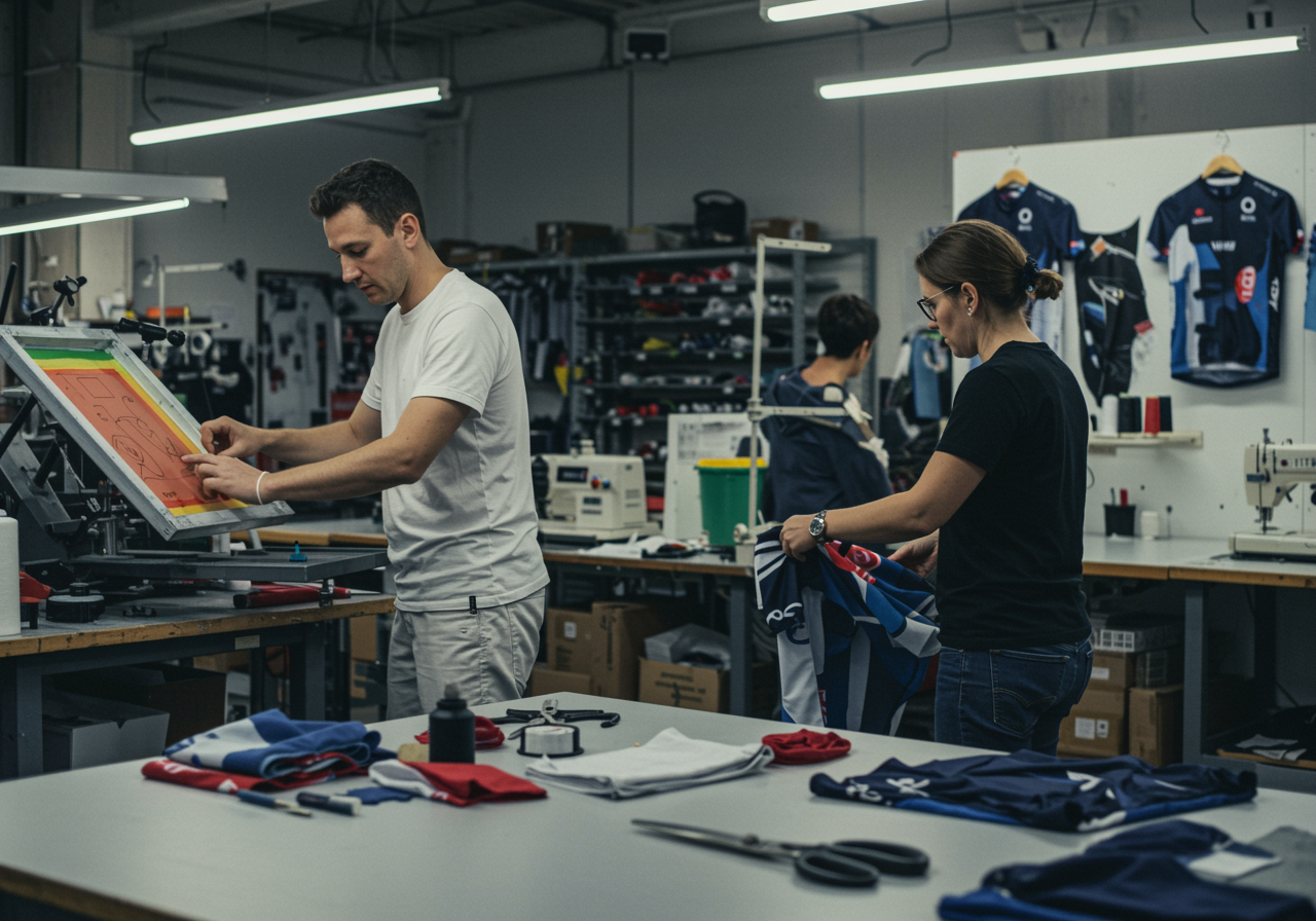 "Taller de confección de ropa deportiva con un técnico blanco usando una prensa de serigrafía en una camiseta de ciclismo, destacando la aplicación de tintas vibrantes y herramientas de costura profesionales."