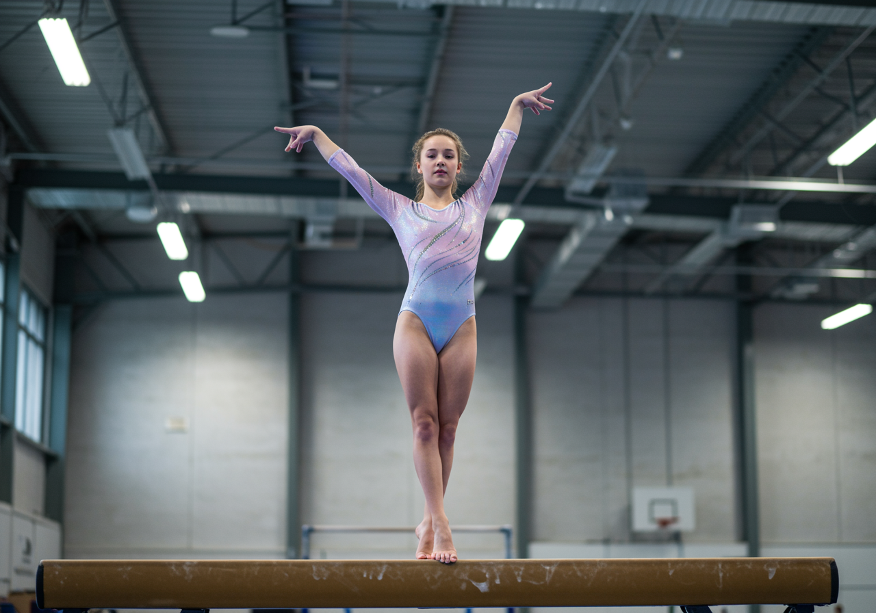 "Imagen fotorealista de una gimnasta blanca realizando una rutina en una barra de equilibrio, con un leotardo personalizado de alto rendimiento que destaca por su tejido microstretch brillante y serigrafía de tonos pasteles."