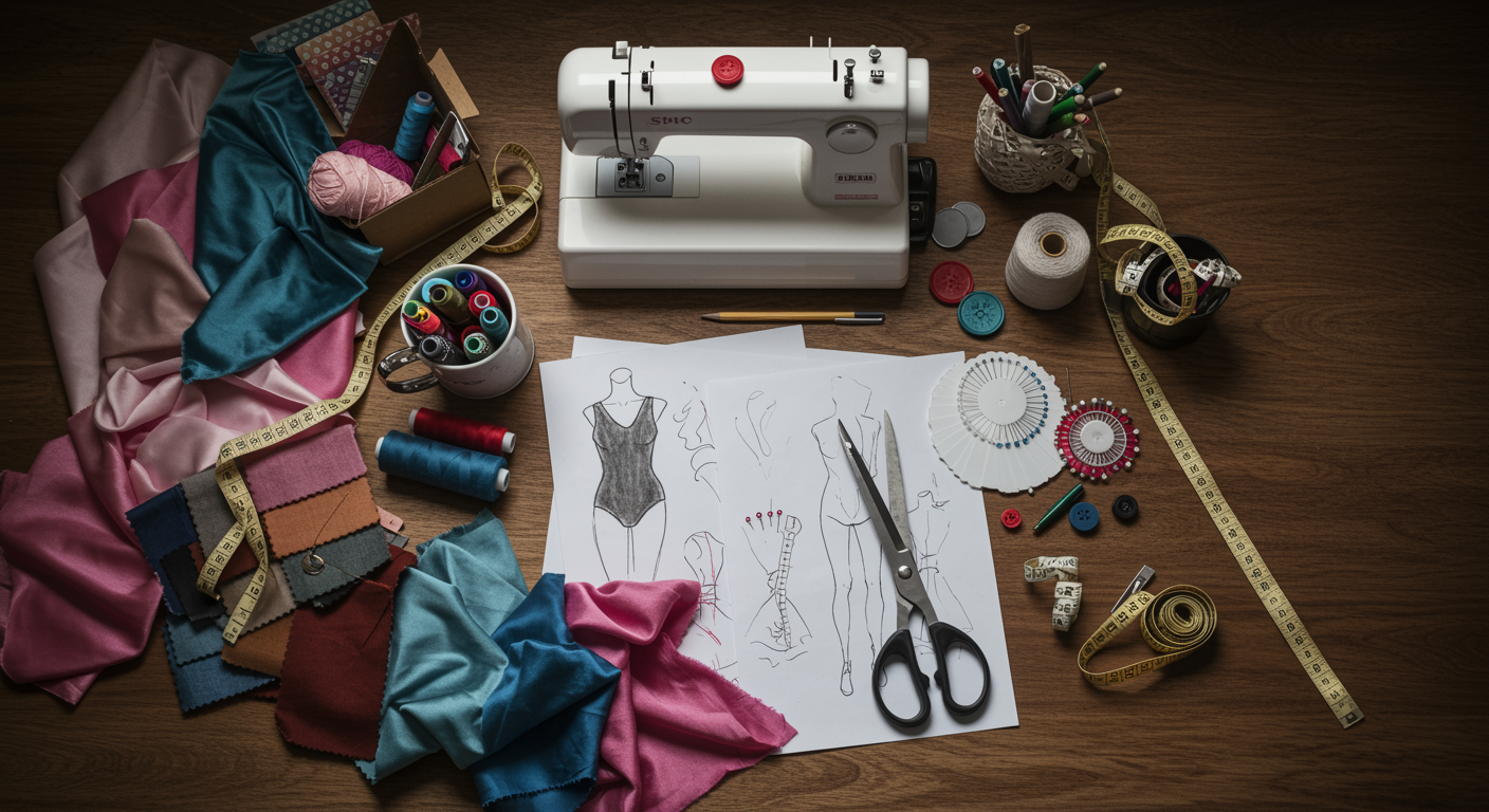 "Imagen aérea de un espacio de trabajo de sastre con máquina de coser, muestras de tela coloridas, bocetos de leotardos, hilos, tijeras y cinta métrica sobre una mesa de madera."